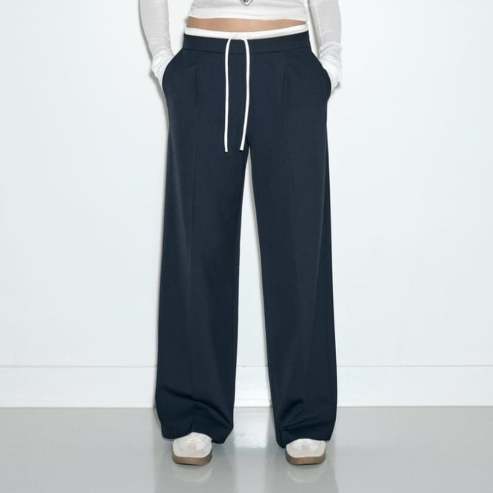 Zara Double Waist Wide Leg Pants - Navy Blue - Size XS